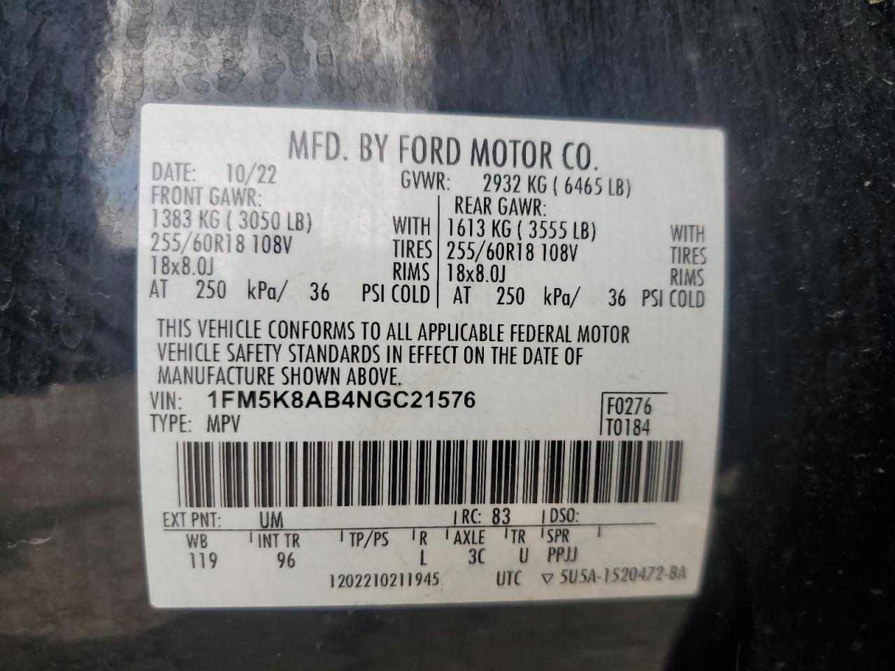 2022 Ford Explorer Police Interceptor VIN: 1FM5K8AB4NGC21576 Lot: 65066135