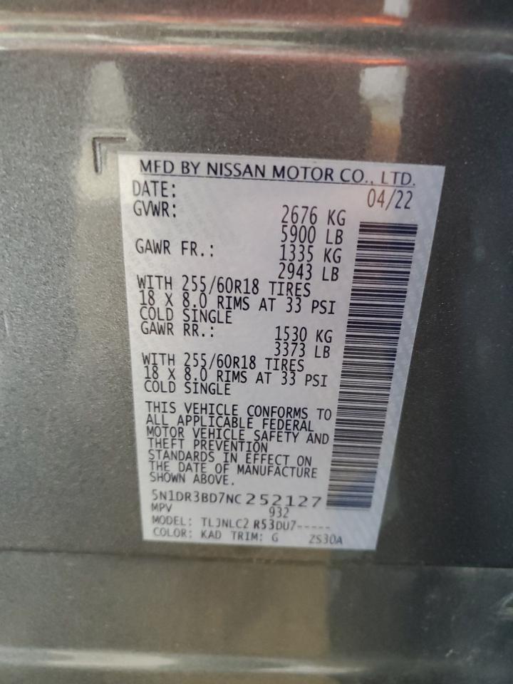 2022 Nissan Pathfinder Sv VIN: 5N1DR3BD7NC252127 Lot: 65168595