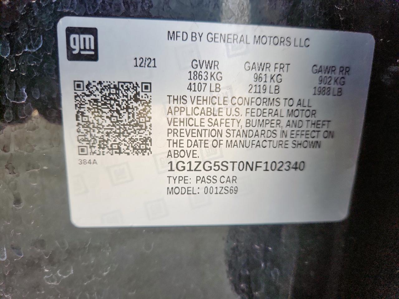 2022 Chevrolet Malibu Rs VIN: 1G1ZG5ST0NF102340 Lot: 62650815