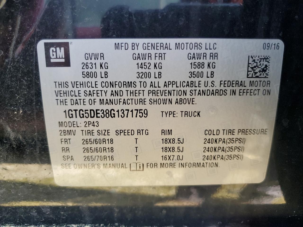 2016 GMC Canyon Slt VIN: 1GTG5DE38G1371759 Lot: 63783985