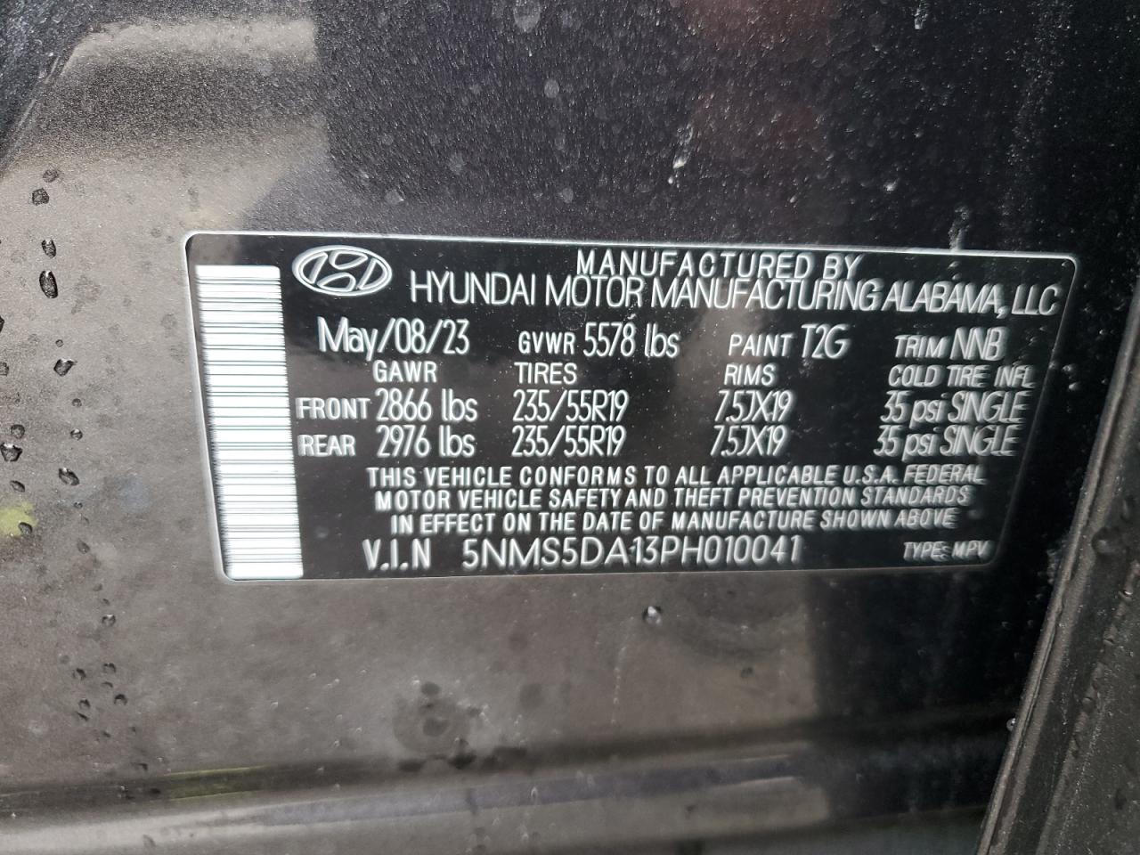 2023 Hyundai Santa Fe Limited VIN: 5NMS5DA13PH010041 Lot: 65242175