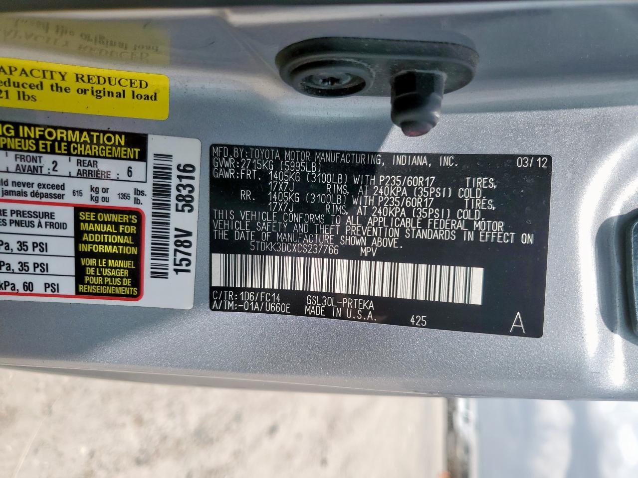 2012 Toyota Sienna Le VIN: 5TDKK3DCXCS237766 Lot: 64589825