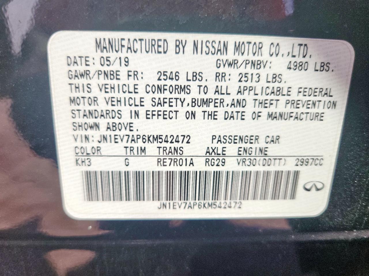 2019 Infiniti Q50 Luxe VIN: JN1EV7AP6KM542472 Lot: 64969485