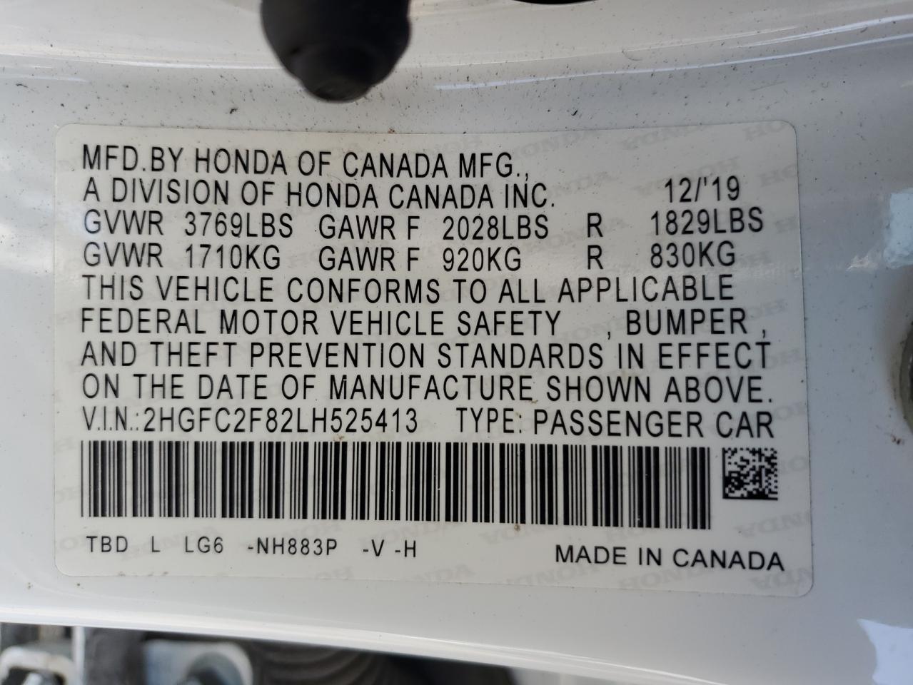 2020 Honda Civic Sport VIN: 2HGFC2F82LH525413 Lot: 64856605