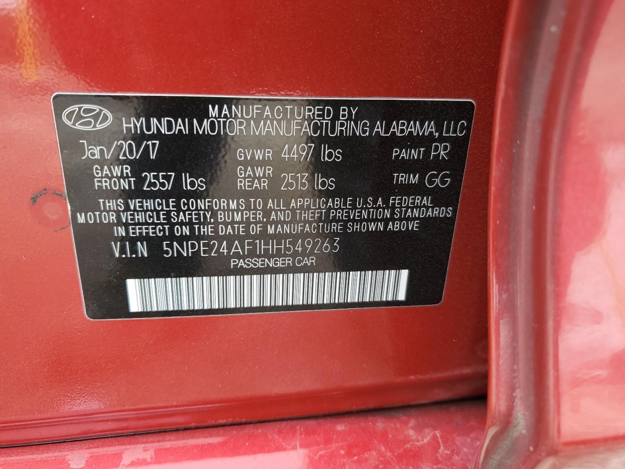 2017 Hyundai Sonata Se VIN: 5NPE24AF1HH549263 Lot: 65559625