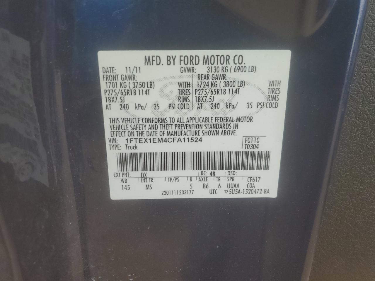 2012 Ford F150 Super Cab VIN: 1FTEX1EM4CFA11524 Lot: 64966095