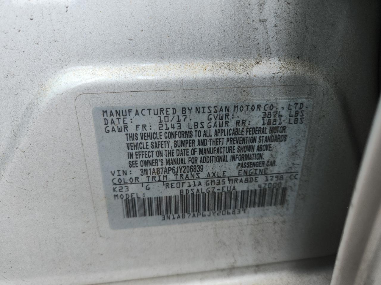 2018 Nissan Sentra S VIN: 3N1AB7AP6JY206839 Lot: 64355085