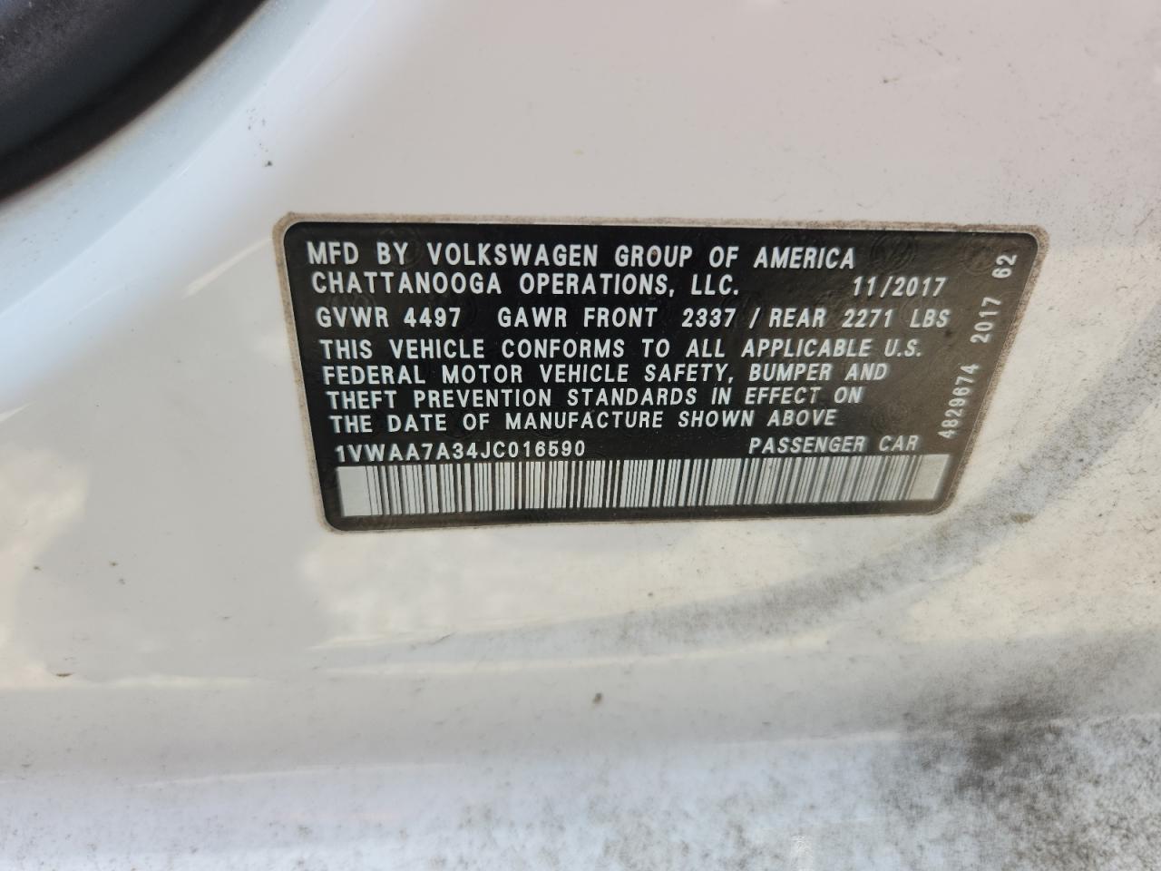 2018 Volkswagen Passat S VIN: 1VWAA7A34JC016590 Lot: 63272515