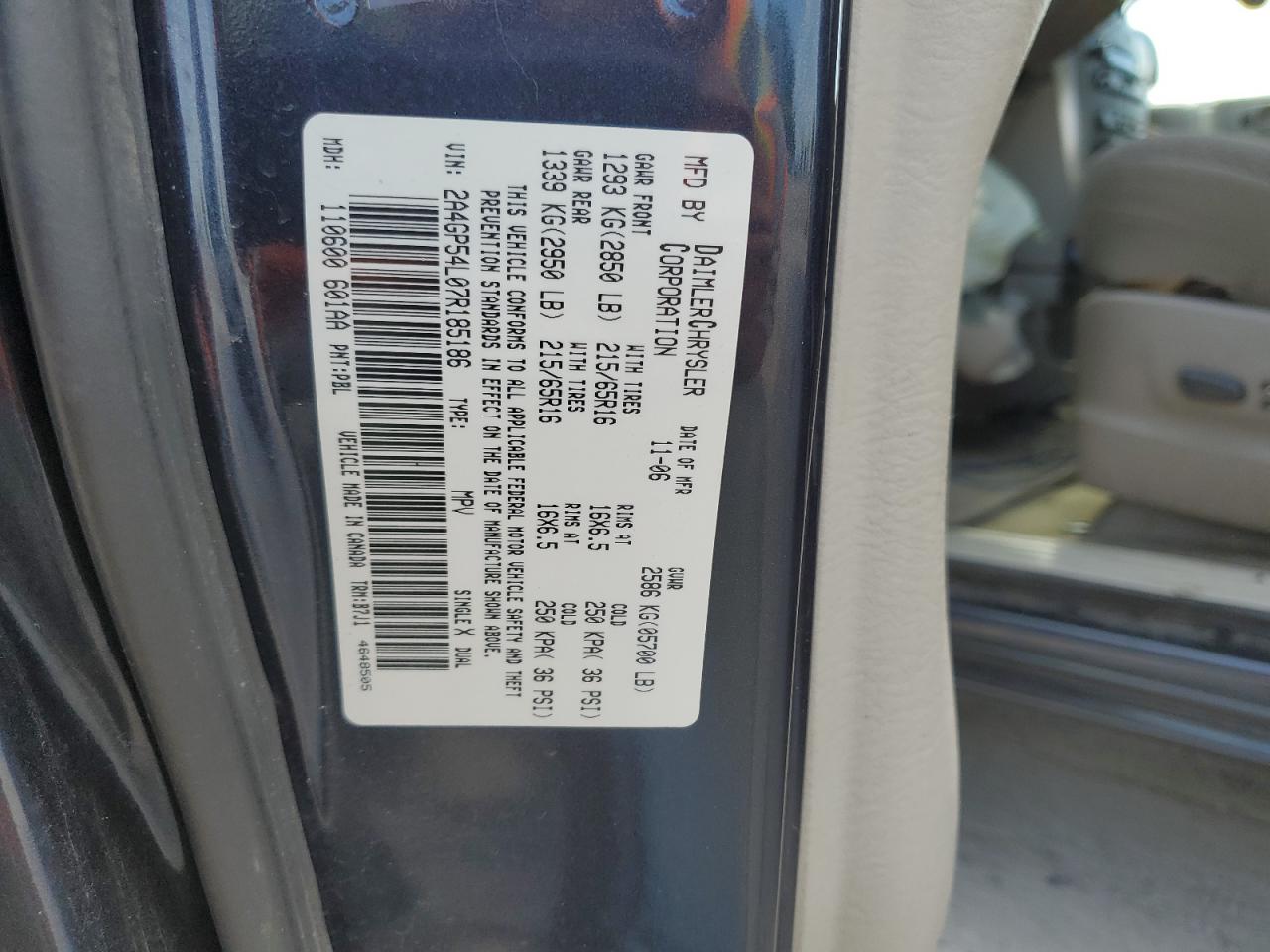 2007 Chrysler Town & Country Touring VIN: 2A4GP54L07R185186 Lot: 64749835