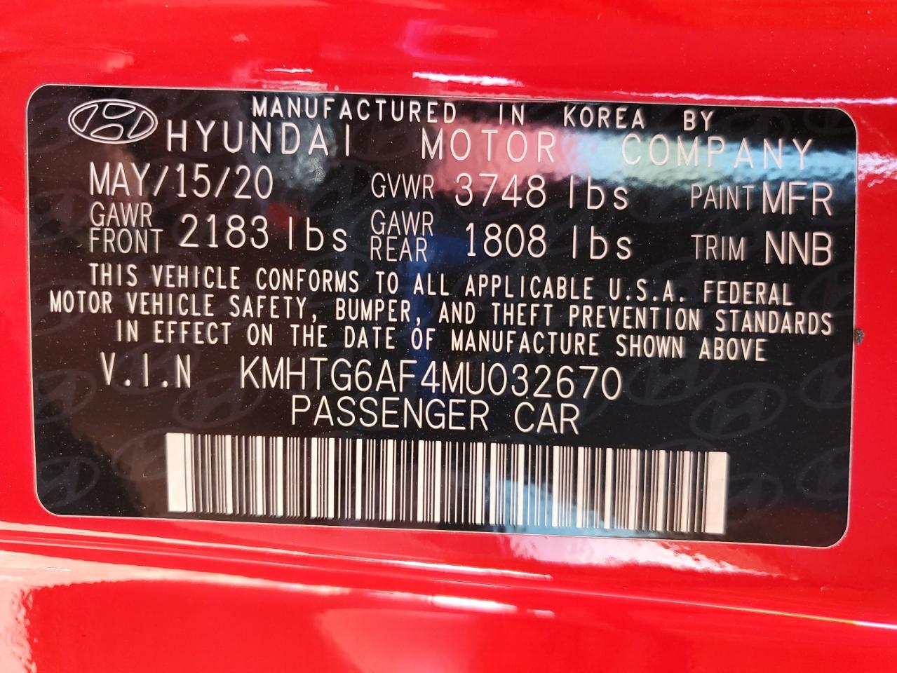 2021 Hyundai Veloster Base VIN: KMHTG6AF4MU032670 Lot: 64545005