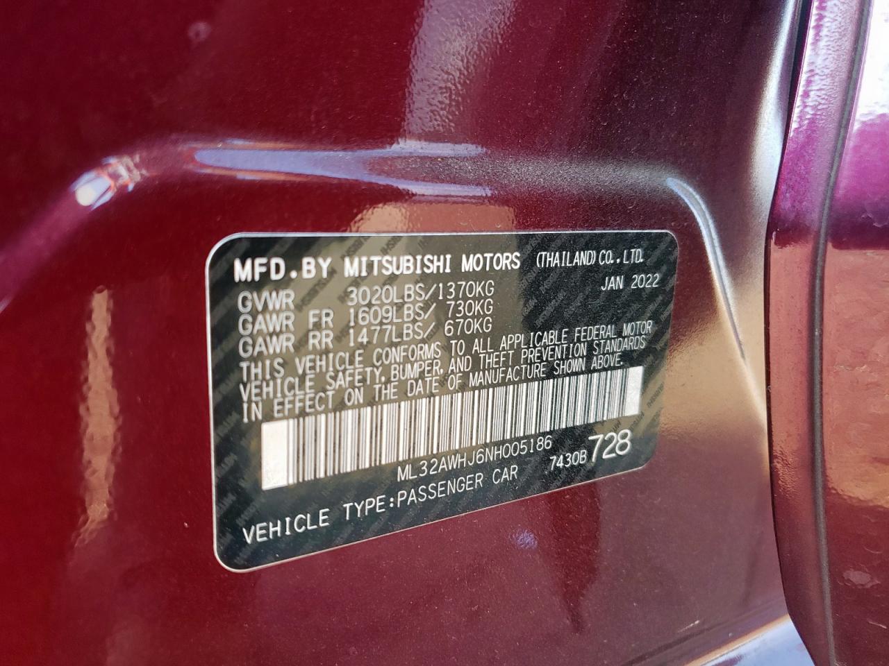ml32awhj6nh005186 ML32AWHJ6NH005186 2022 Mitsubishi Mirage Se