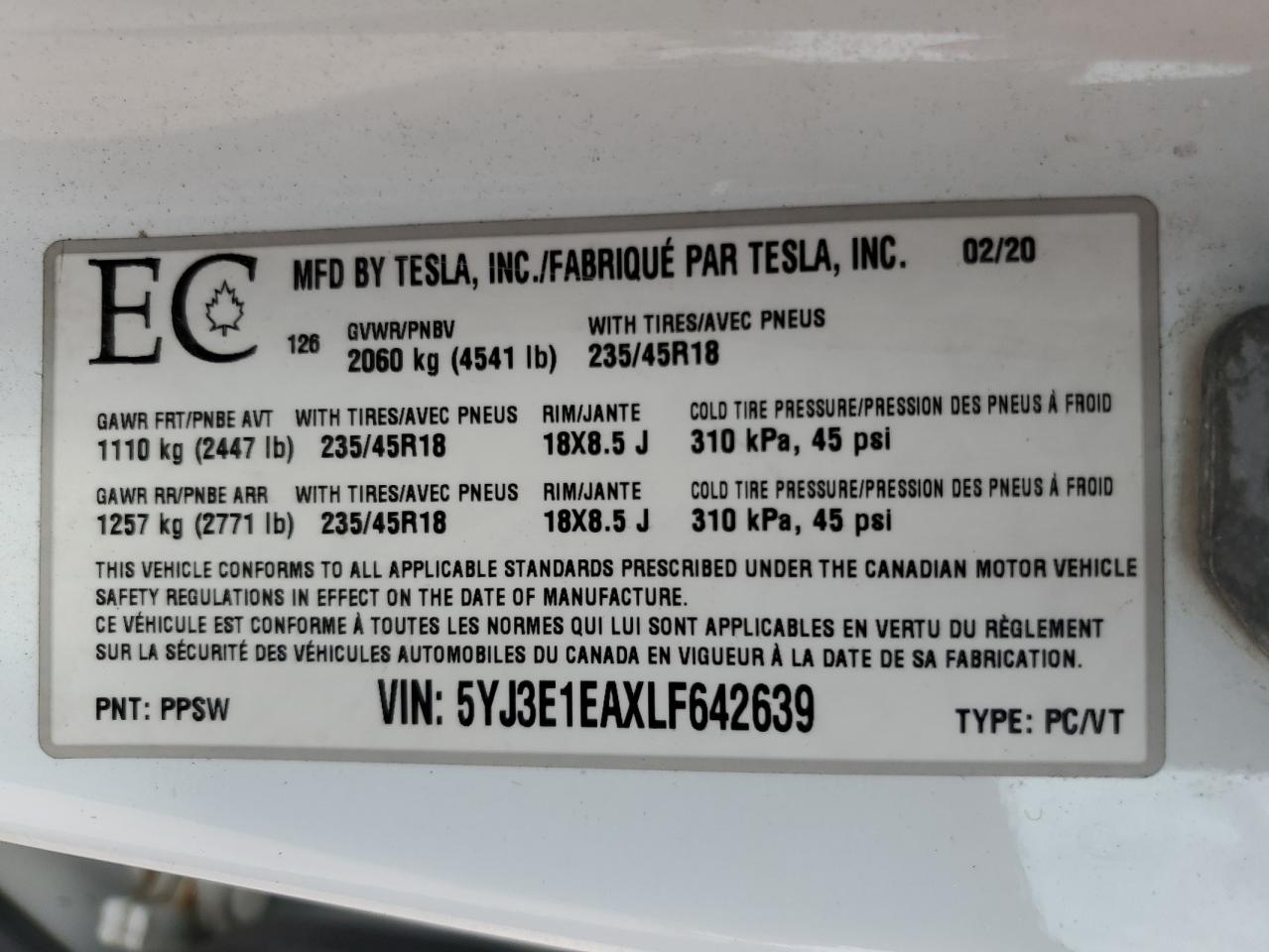 2020 Tesla Model 3 VIN: 5YJ3E1EAXLF642639 Lot: 62931645
