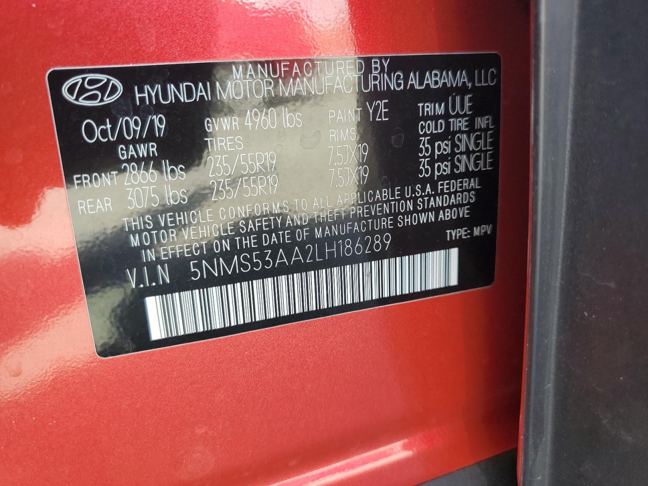 2020 Hyundai Santa Fe Limited VIN: 5NMS53AA2LH186289 Lot: 65326185