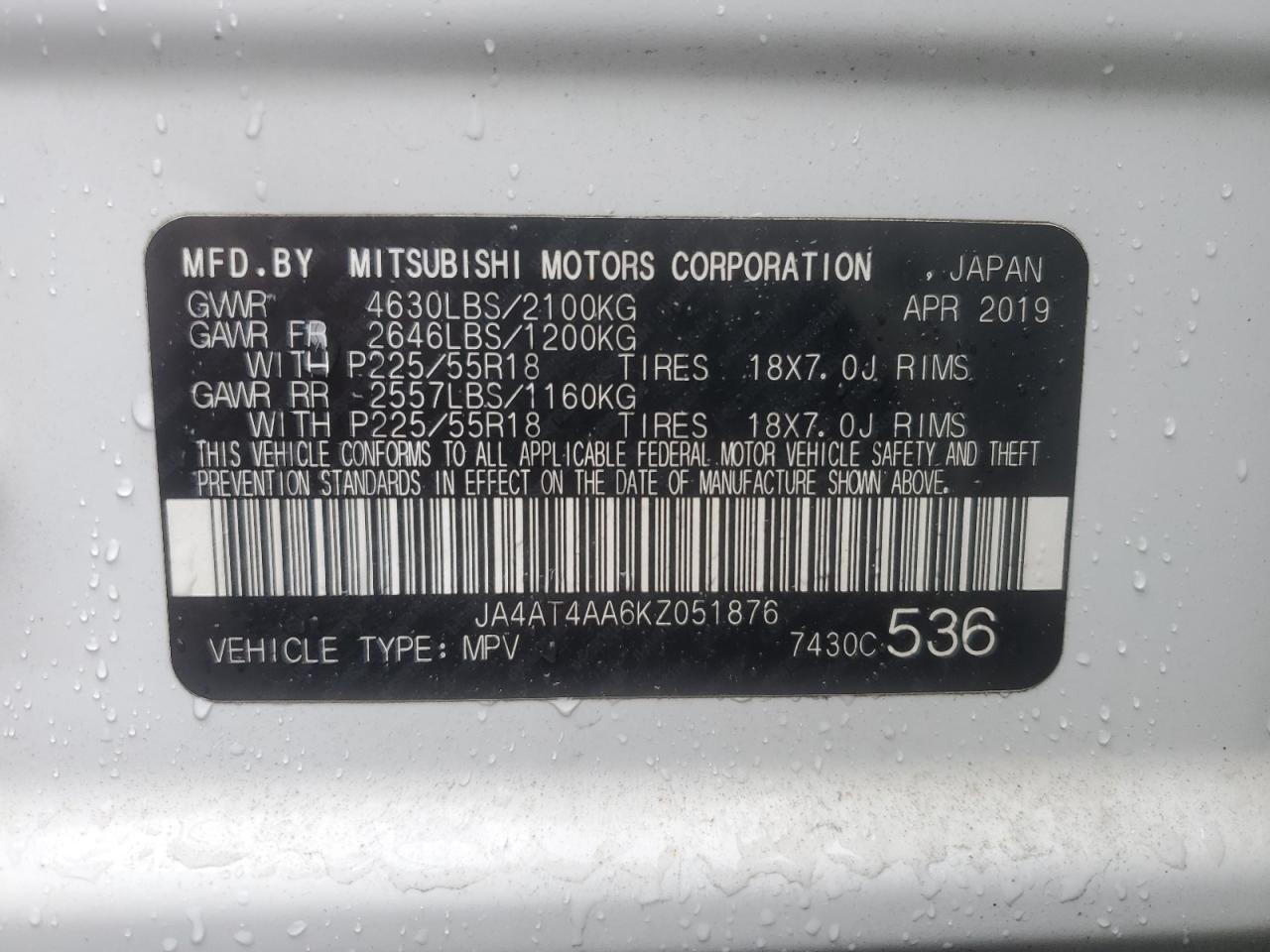 2019 Mitsubishi Eclipse Cross Le VIN: JA4AT4AA6KZ051876 Lot: 64267145