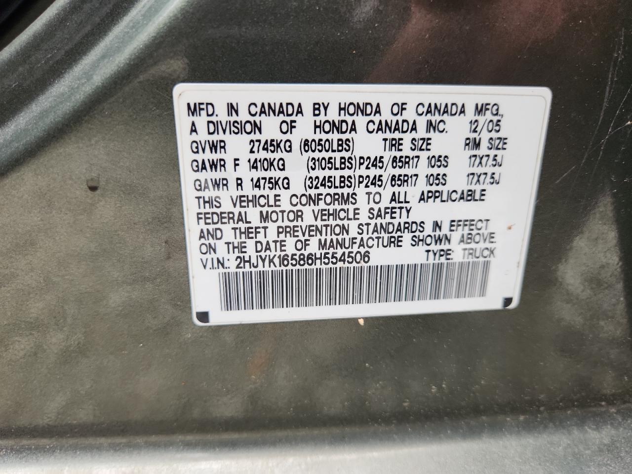 2006 Honda Ridgeline Rtl VIN: 2HJYK16586H554506 Lot: 65750495