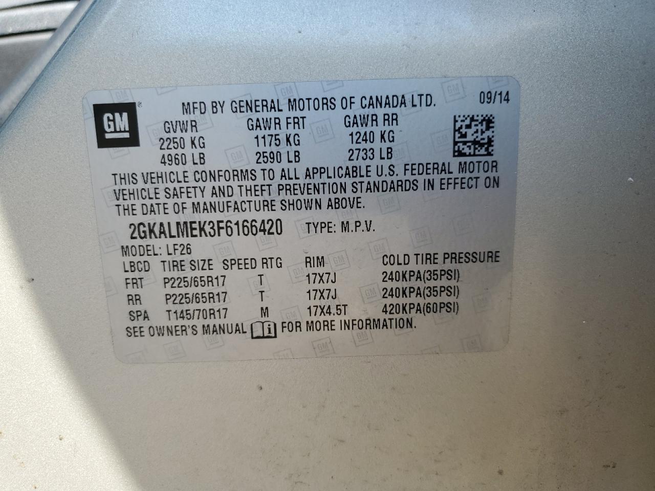 2015 GMC Terrain Sle VIN: 2GKALMEK3F6166420 Lot: 64647415