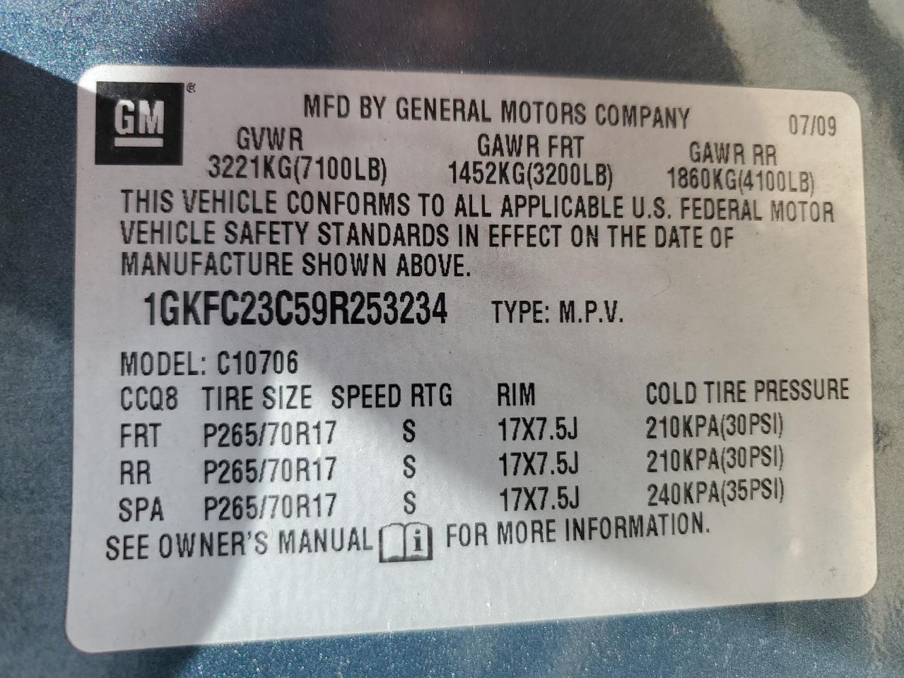 2009 GMC Yukon Sle VIN: 1GKFC23C59R253234 Lot: 89726985