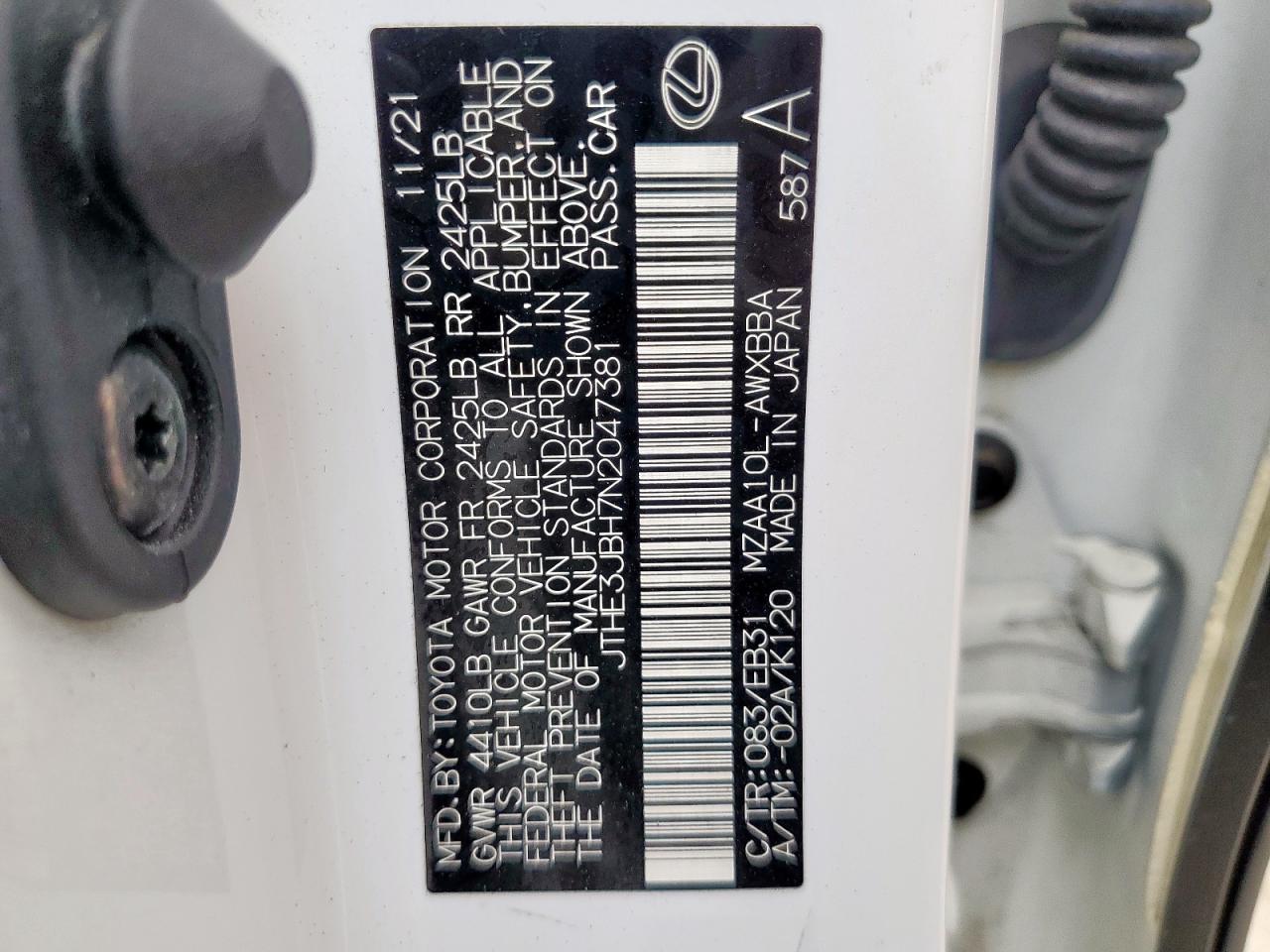 2022 Lexus Ux 200 Base VIN: JTHE3JBH7N2047381 Lot: 65420715