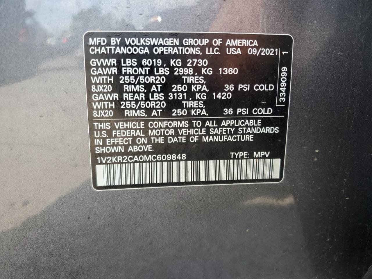 2021 Volkswagen Atlas Se VIN: 1V2KR2CA0MC609848 Lot: 64997925