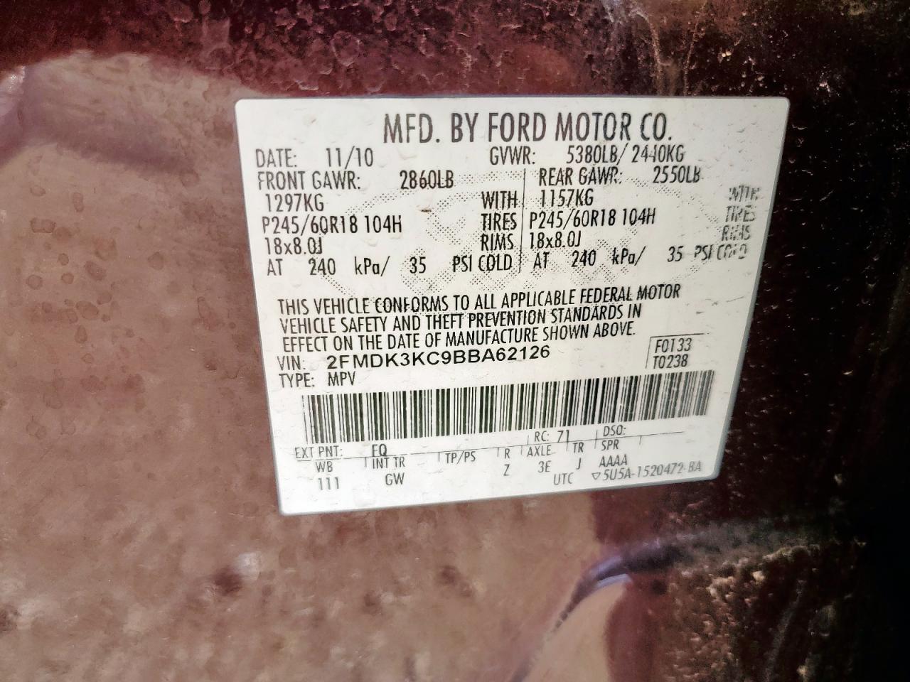 2011 Ford Edge Limited VIN: 2FMDK3KC9BBA62126 Lot: 64013815