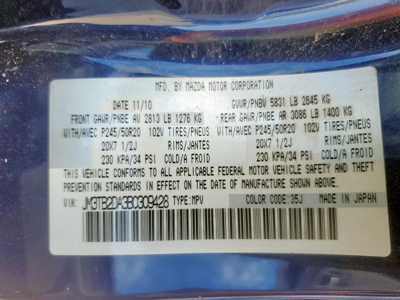 2011 Mazda Cx-9 VIN: JM3TB2DA3B0309428 Lot: 65169155