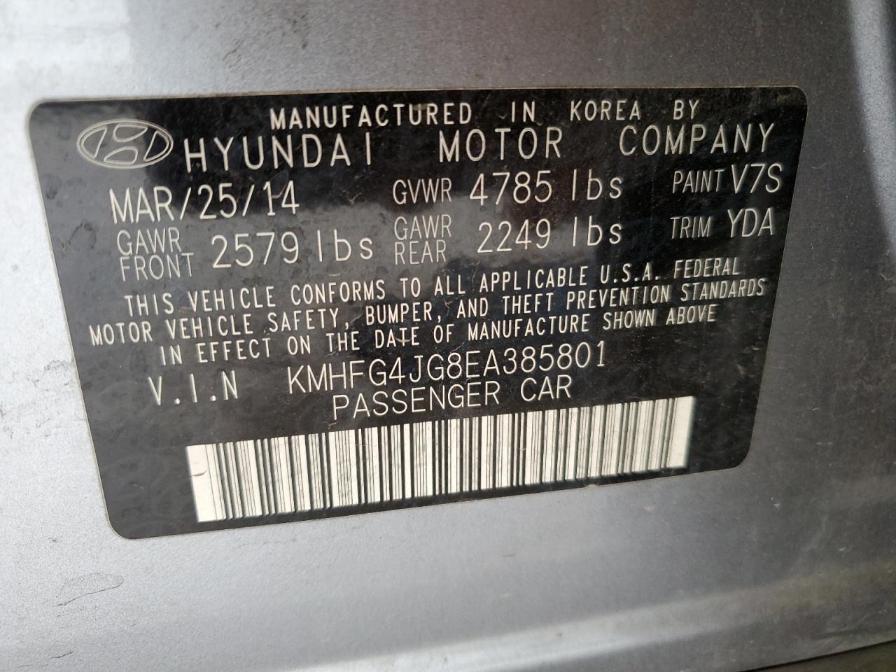 2014 Hyundai Azera VIN: KMHFG4JG8EA385801 Lot: 63264715