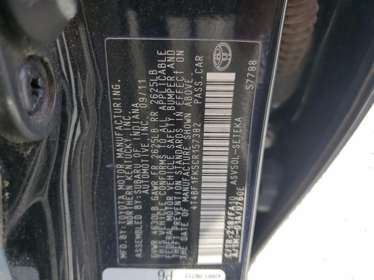 2012 Toyota Camry Base VIN: 4T4BF1FK5CR157382 Lot: 63671315