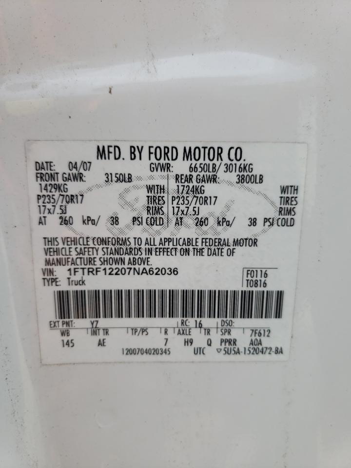 2007 Ford F150 VIN: 1FTRF12207NA62036 Lot: 66921095