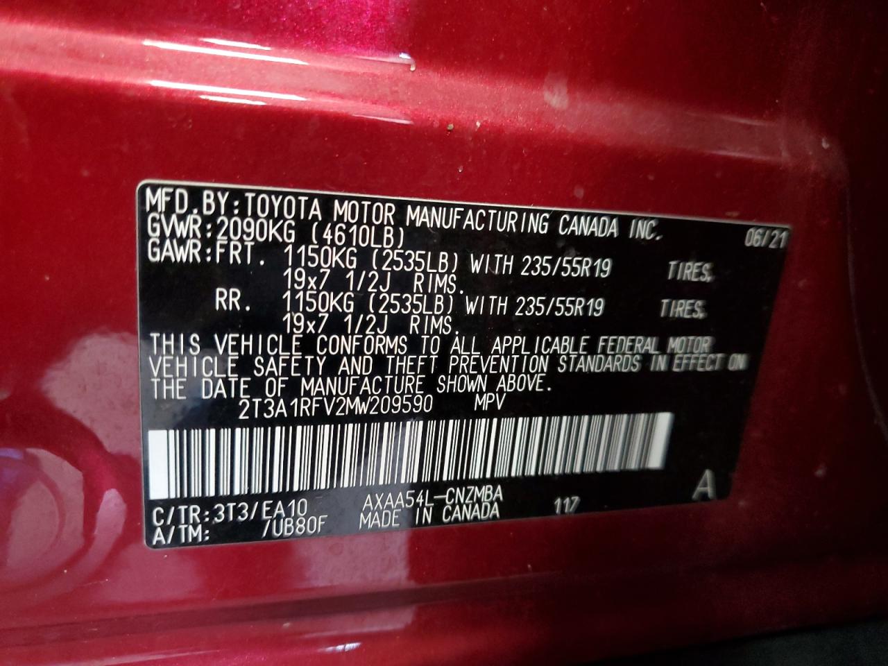 2021 Toyota Rav4 Xle Premium VIN: 2T3A1RFV2MW209590 Lot: 65406985