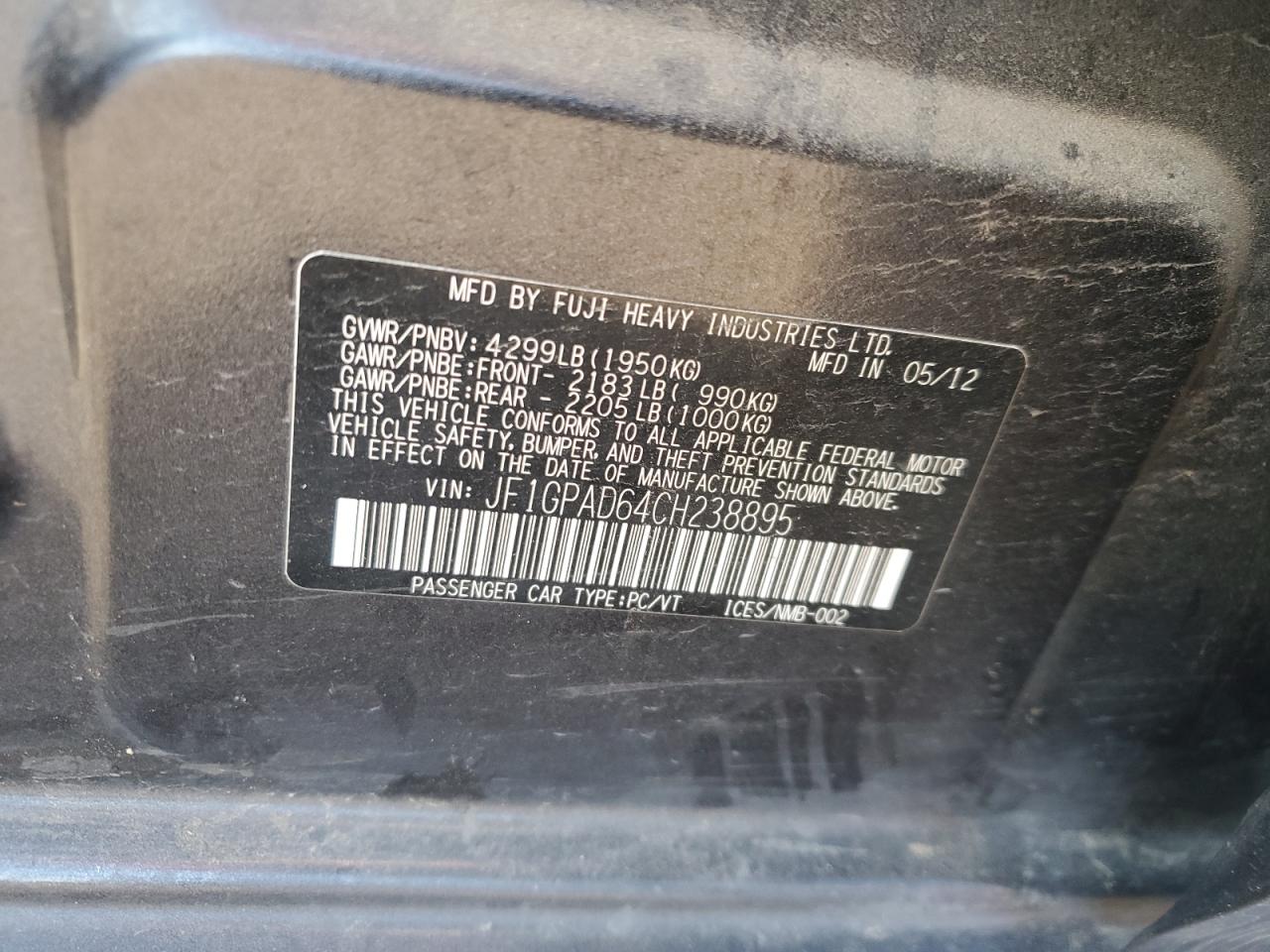2012 Subaru Impreza Premium VIN: JF1GPAD64CH238895 Lot: 64695935