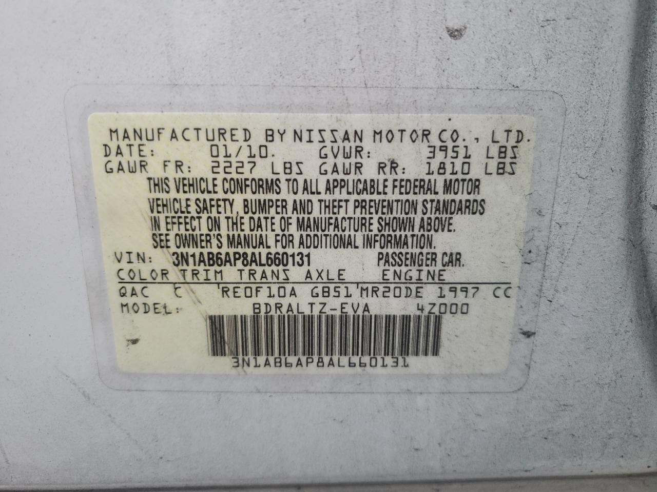 2010 Nissan Sentra 2.0 VIN: 3N1AB6AP8AL660131 Lot: 64862255