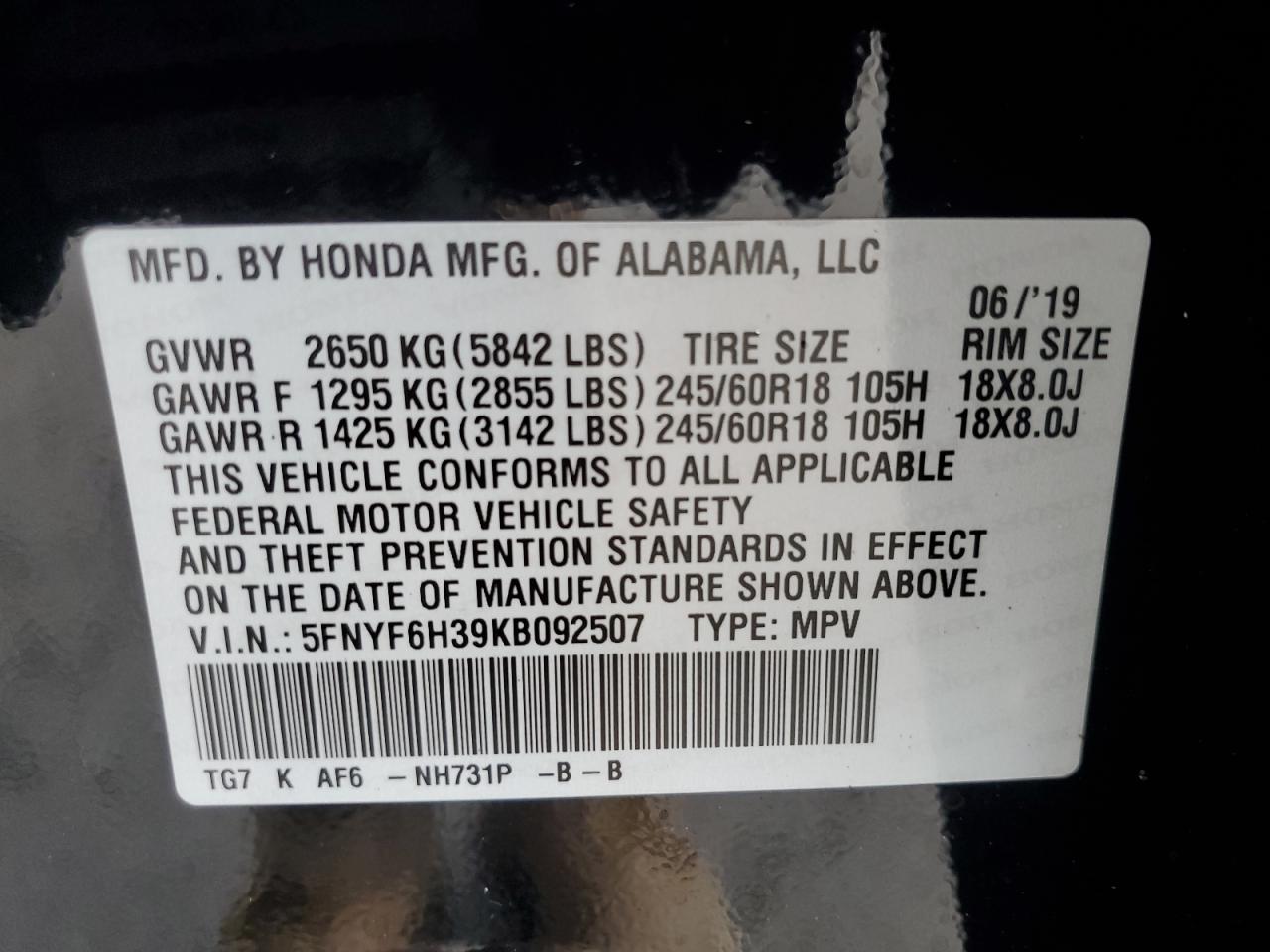 2019 Honda Pilot Ex VIN: 5FNYF6H39KB092507 Lot: 64562295