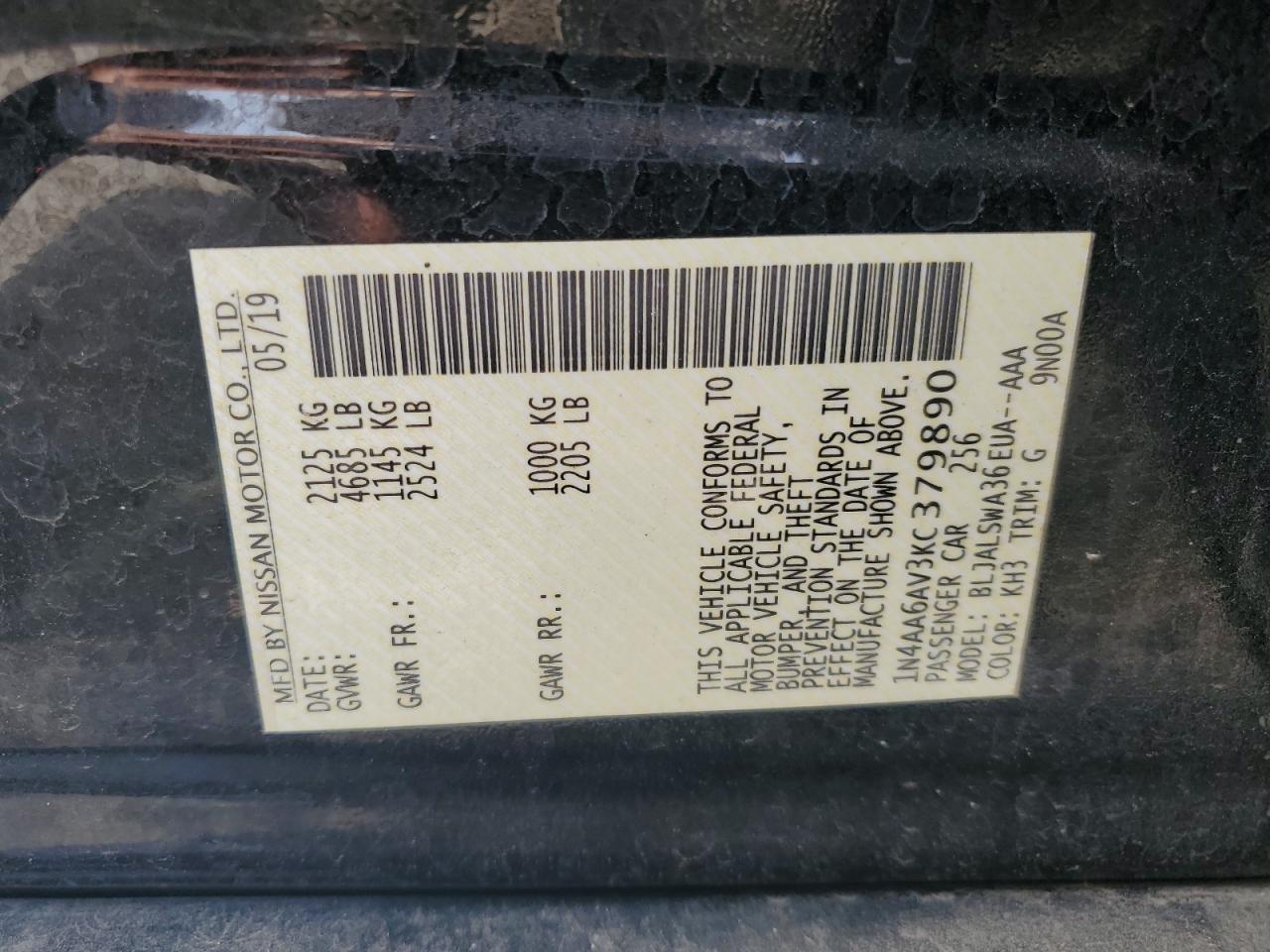 2019 Nissan Maxima S VIN: 1N4AA6AV3KC379890 Lot: 65068445