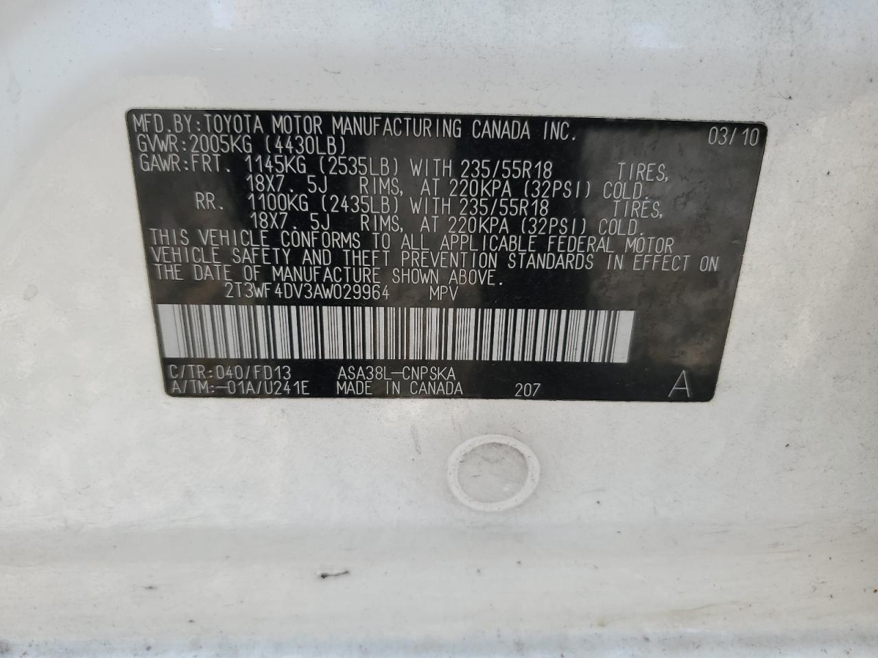 2010 Toyota Rav4 Sport VIN: 2T3WF4DV3AW029964 Lot: 64365425