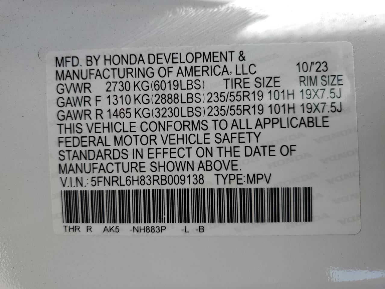2024 Honda Odyssey Touring VIN: 5FNRL6H83RB009138 Lot: 65441605