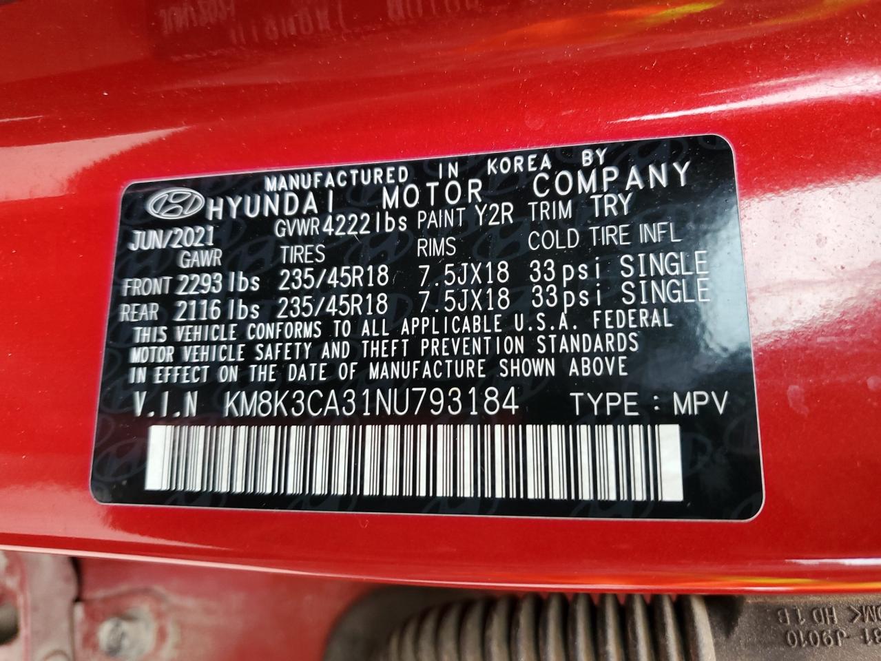 2022 Hyundai Kona N Line VIN: KM8K3CA31NU793184 Lot: 64100145