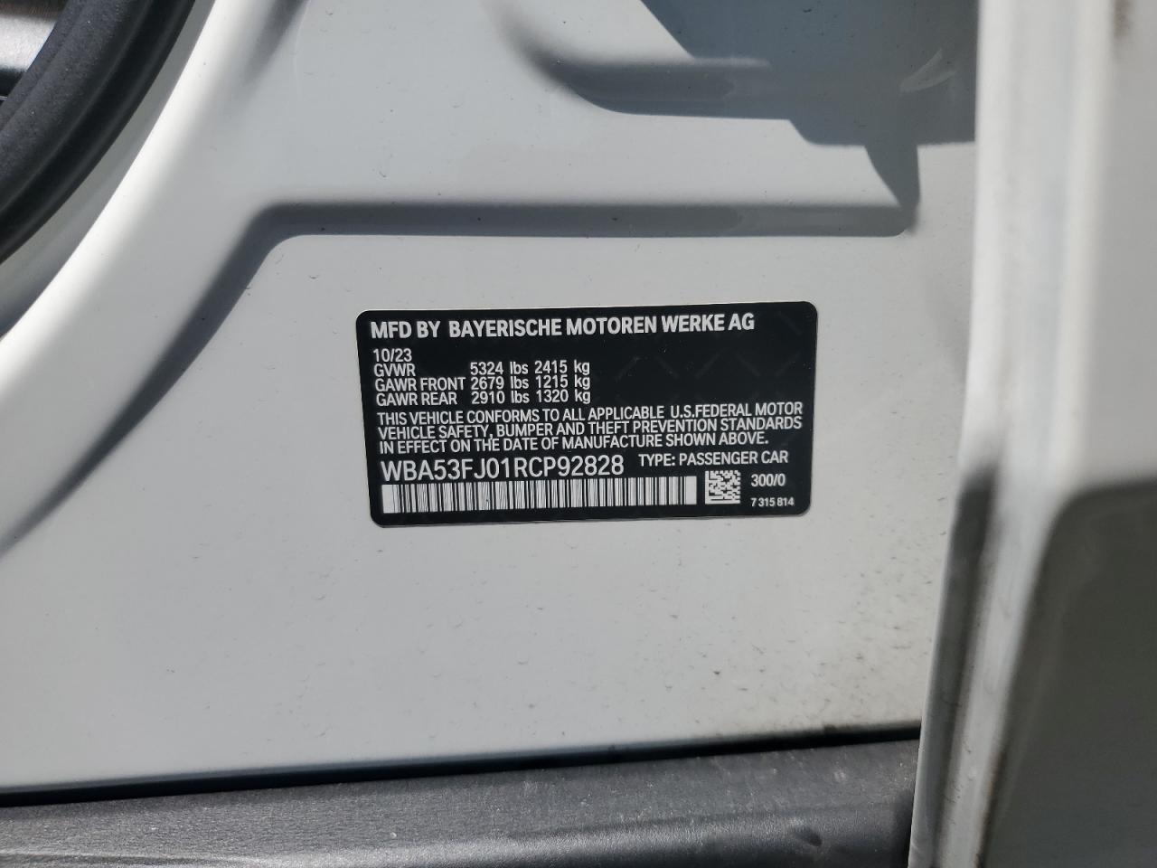 2023 BMW 530 Xi VIN: WBA53FJ01RCP92828 Lot: 64145965