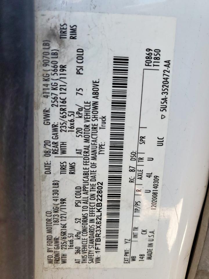 2020 Ford Transit T-250 VIN: 1FTBR3X82LKB22802 Lot: 66142735