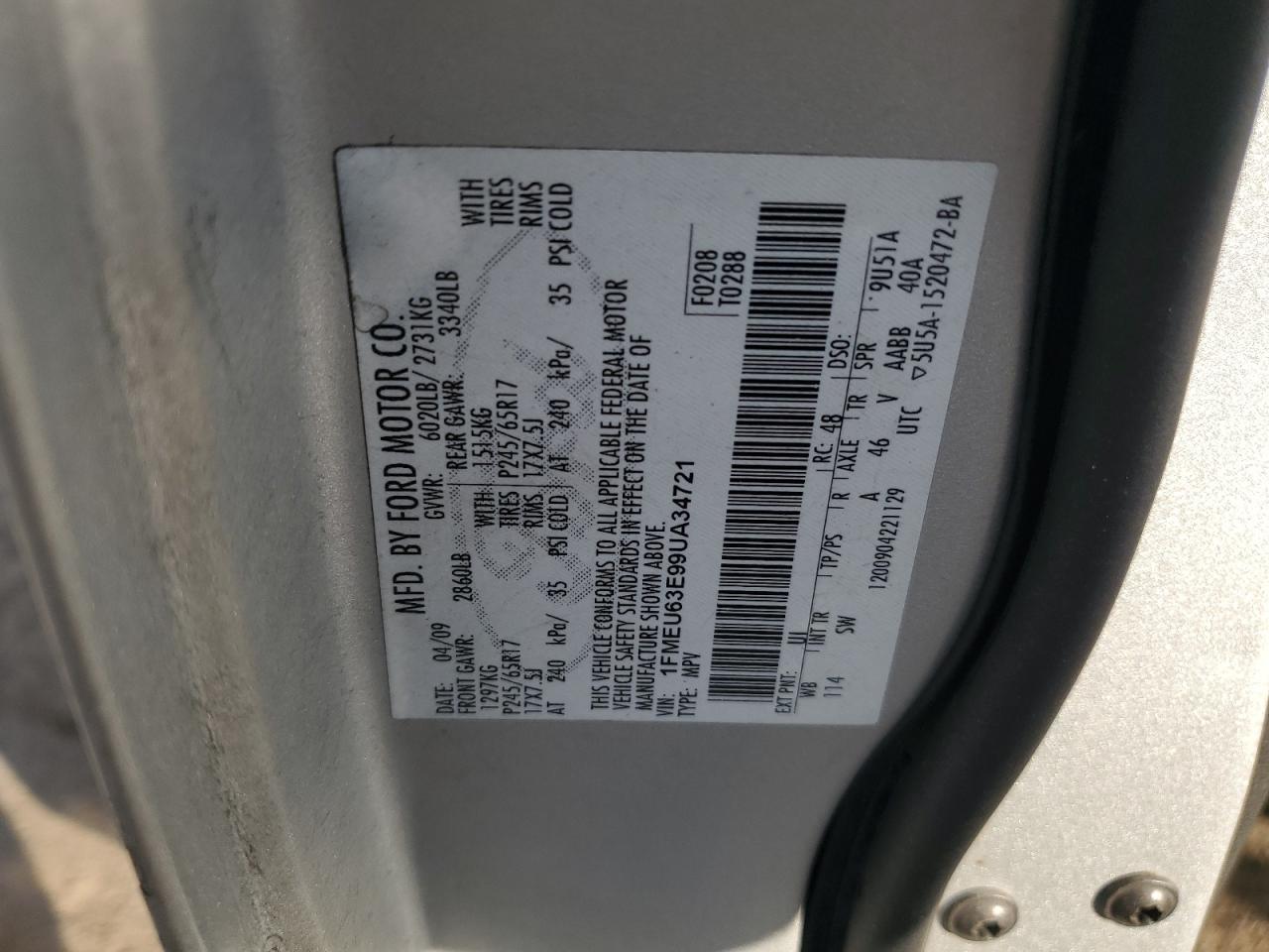 2009 Ford Explorer Xlt VIN: 1FMEU63E99UA34721 Lot: 62804425