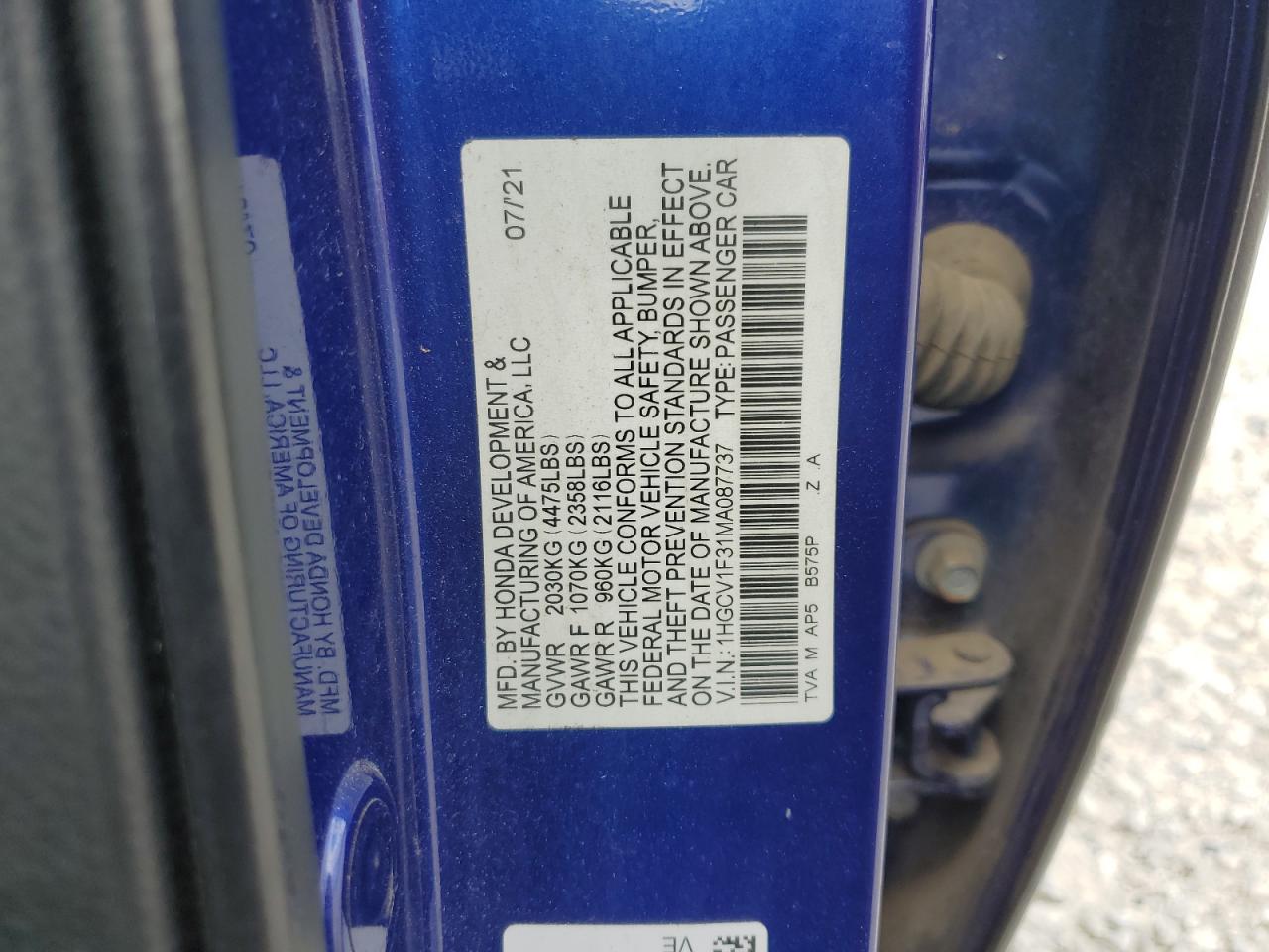 2021 Honda Accord Sport VIN: 1HGCV1F31MA087737 Lot: 64201695