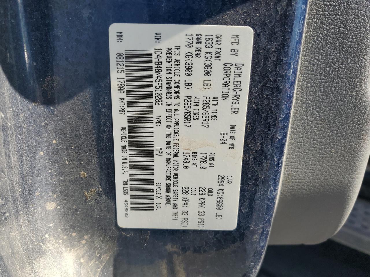 2005 Dodge Durango Slt VIN: 1D4HB48N45F510282 Lot: 64415205