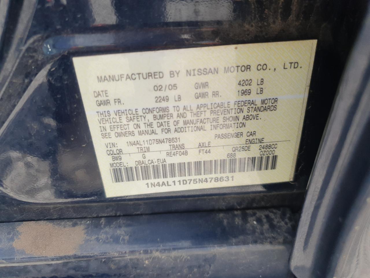 2005 Nissan Altima S VIN: 1N4AL11D75N478631 Lot: 63588255