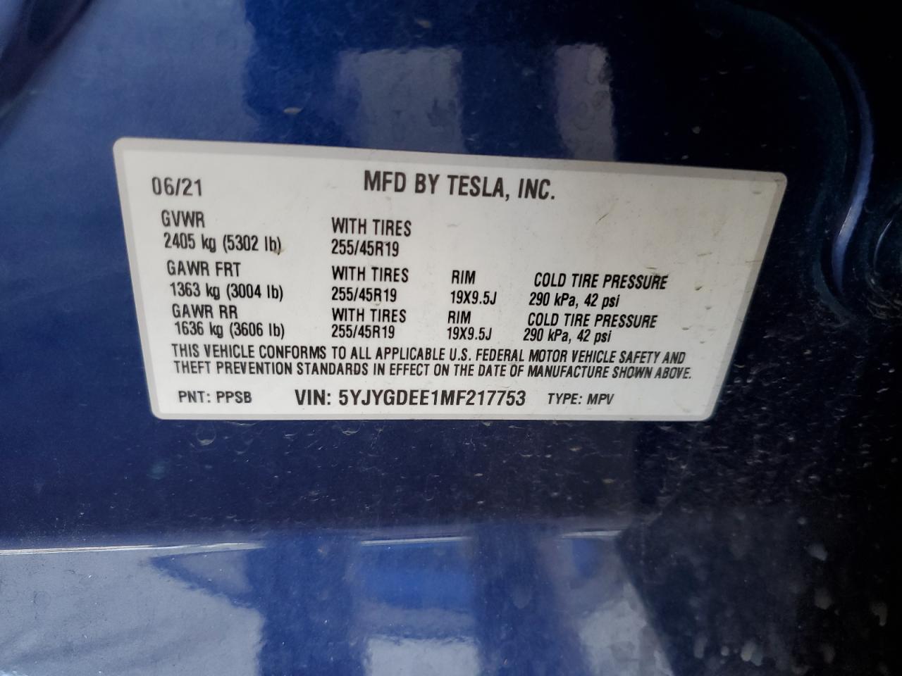 2021 Tesla Model Y VIN: 5YJYGDEE1MF217753 Lot: 63354445