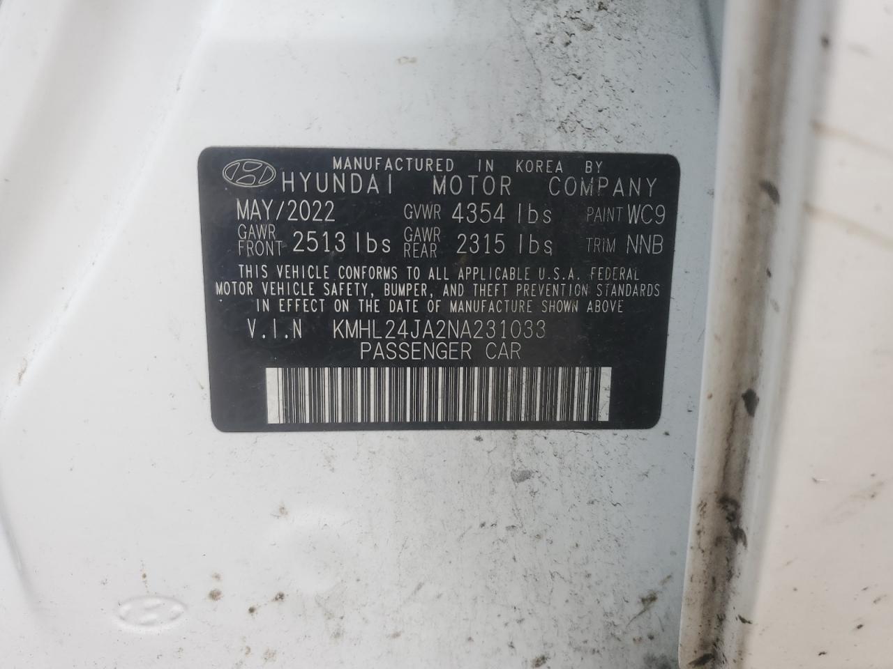 2022 Hyundai Sonata Se VIN: KMHL24JA2NA231033 Lot: 63688715