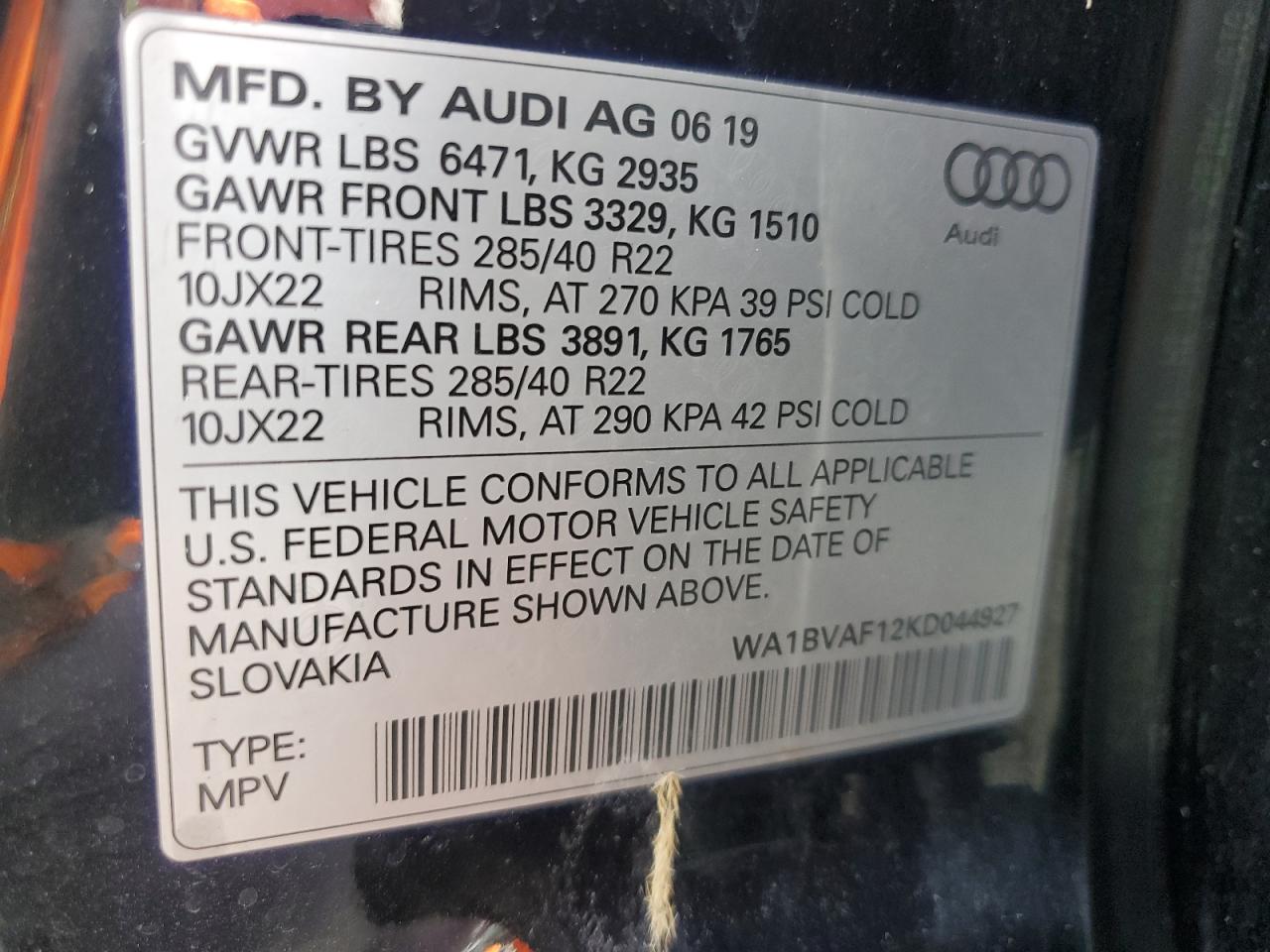 2019 Audi Q8 Premium Plus VIN: WA1BVAF12KD044927 Lot: 64800975