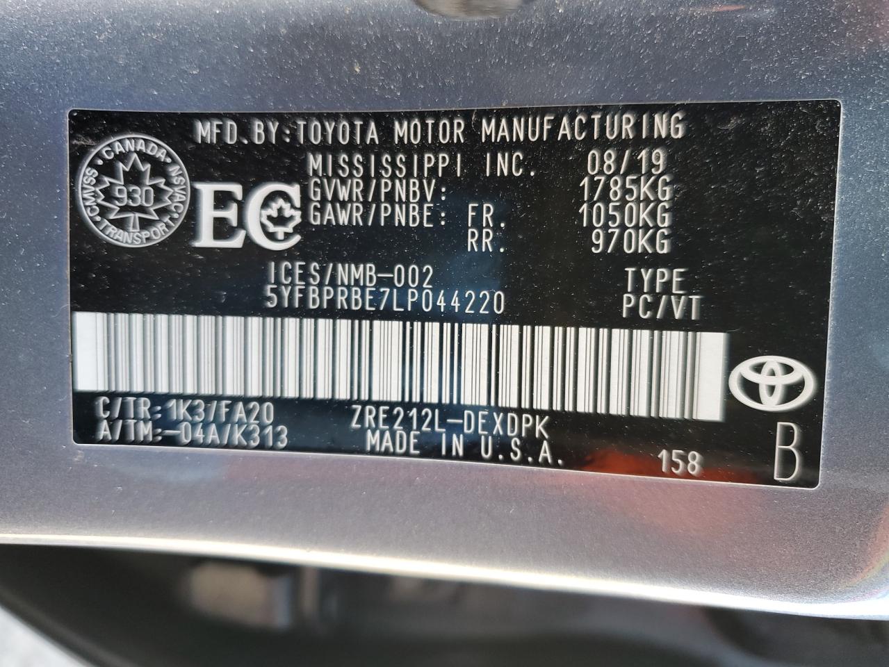 2020 Toyota Corolla Le VIN: 5YFBPRBE7LP044220 Lot: 64831475
