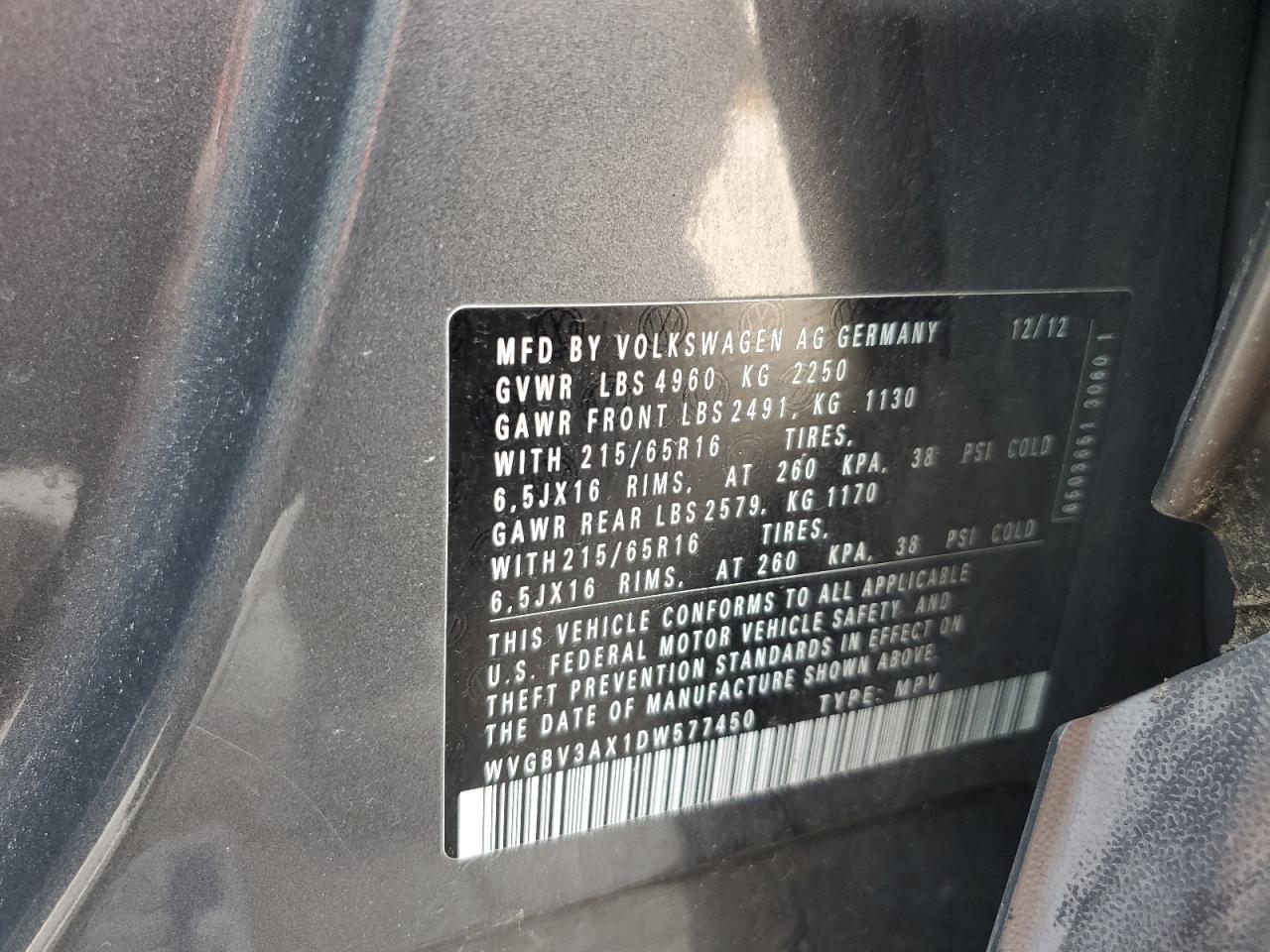 2013 Volkswagen Tiguan S VIN: WVGBV3AX1DW577450 Lot: 65128725