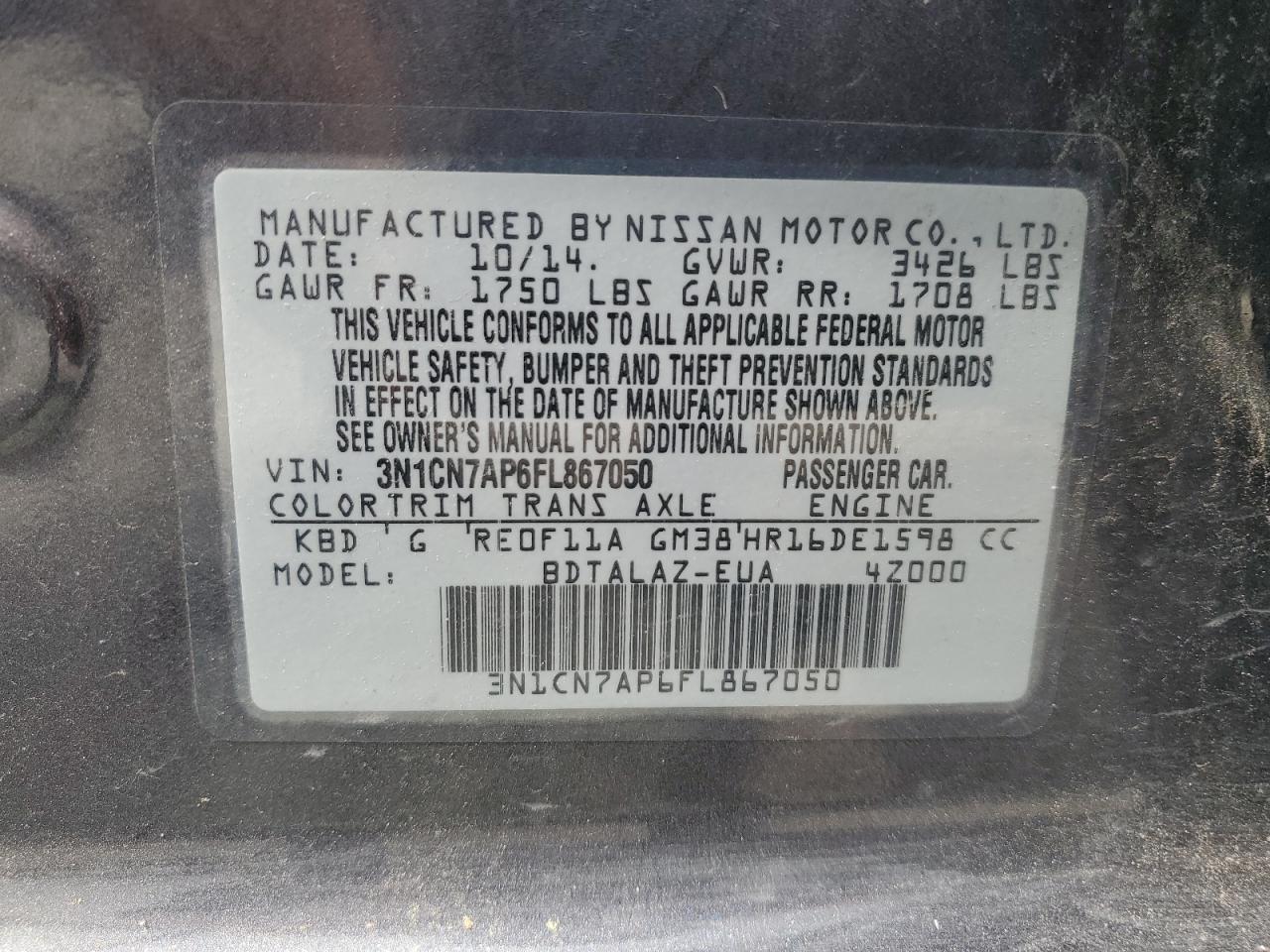 2015 Nissan Versa S VIN: 3N1CN7AP6FL867050 Lot: 65344375