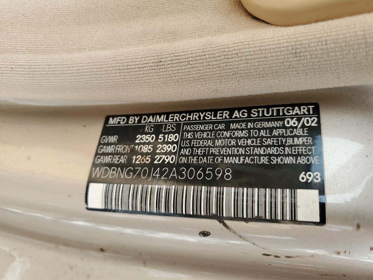 2002 Mercedes-Benz S 430 VIN: WDBNG70J42A306598 Lot: 63294345