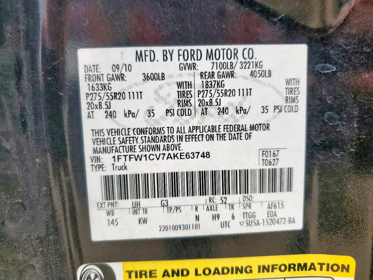 2010 Ford F150 Supercrew VIN: 1FTFW1CV7AKE63748 Lot: 63249485